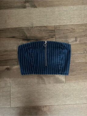 Kendall & Kylie Navy Pinstripe Strapless Denim Crop Top with Front Zip